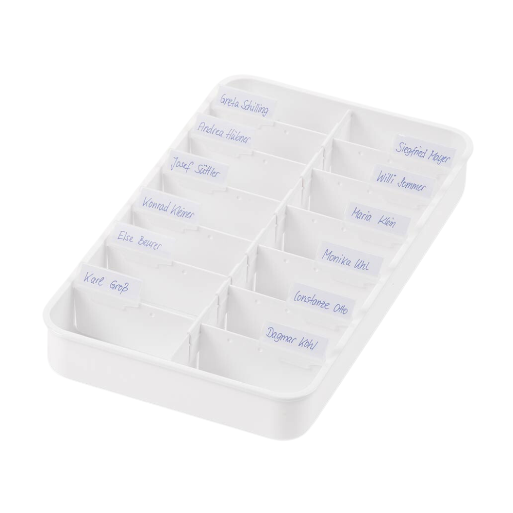 Som melipul anbruchtropptablett erbjuder Helmut Schwarz GmbH en vit tablett med fjorton blåmärkta fack. Den är optimalt lämpad för att organisera flytande mediciner och är perfekt för att upprätthålla ordning och effektivitet i vårdinrättningar.