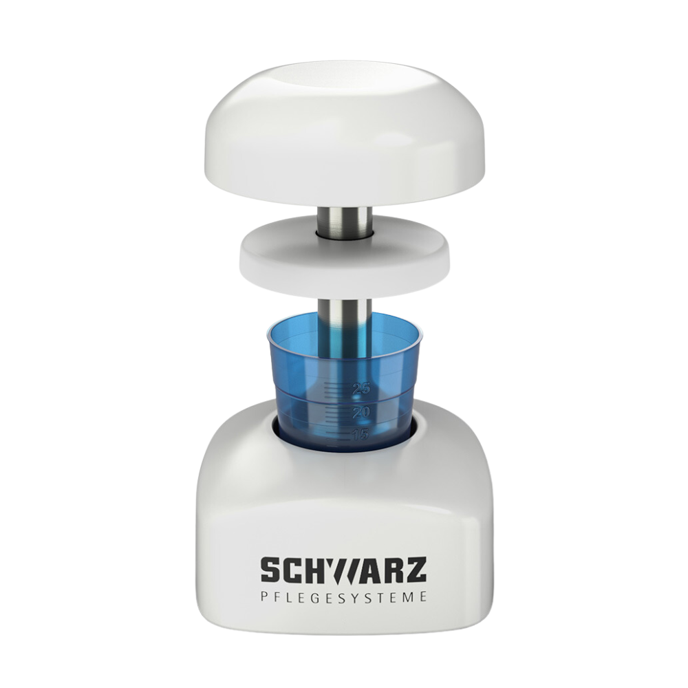 En vit köksapparat i cylindrisk design från Helmut Schwarz GmbH är perfekt för hygienisk krossning. Den har ett avtagbart lock och en transparent blå behållare med mätmarkeringar, idealisk för användning som melipul Tablettkross PROFI.