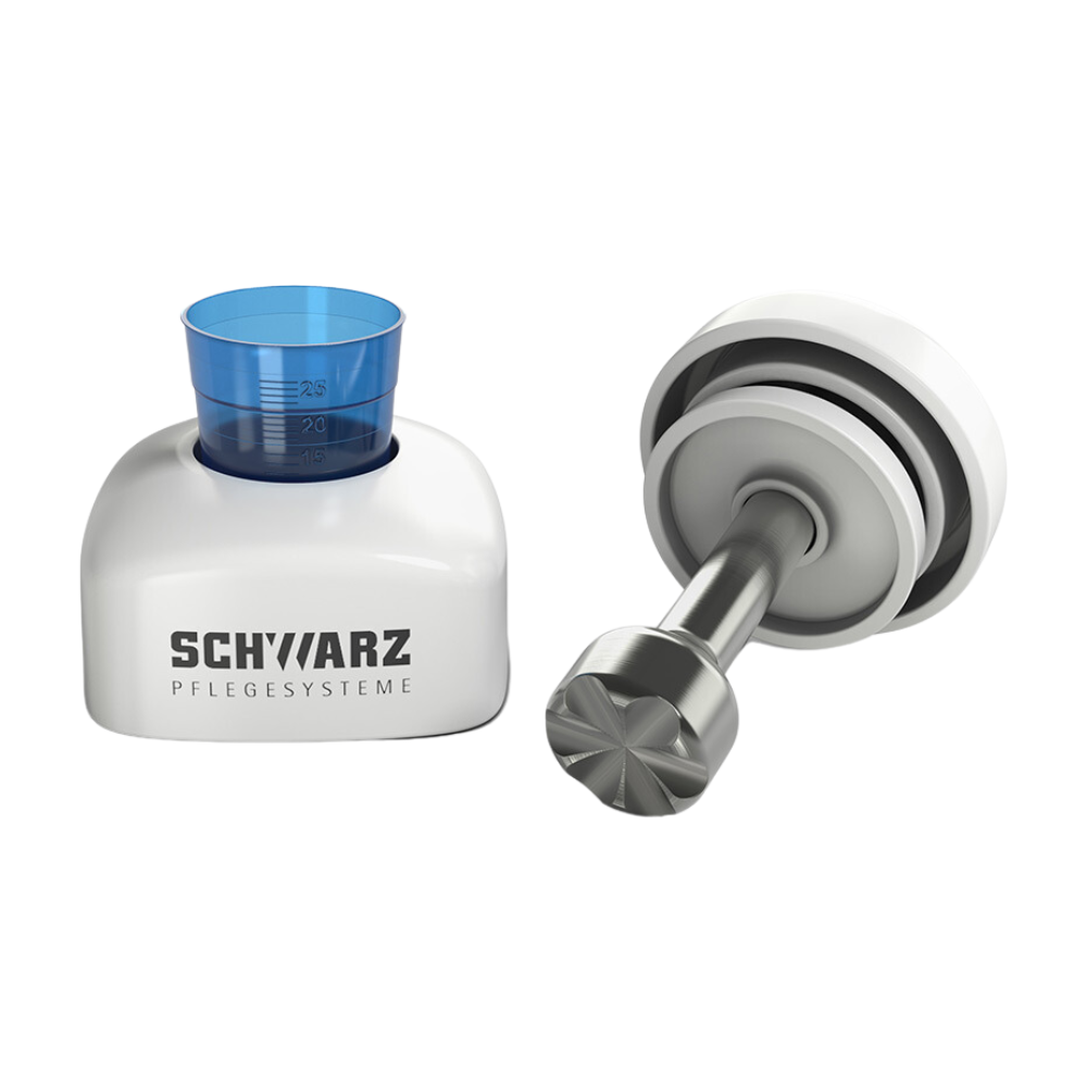 Bild av en melipul Tablettkross PROFI från Helmut Schwarz GmbH, i höjdjusterbar vit- och metall-design med blå mätbägare, idealisk för användning i vårdinrättningar. På undersidan står det "SCHWARZ PFLEGESYSTEME". Den andra perspektiven visar enheten liggande horisontellt med utdragen applikator.