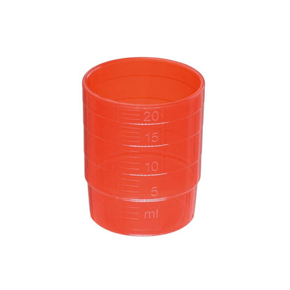 Den melipul MEHRWEG-medicinbägaren från Helmut Schwarz GmbH är en liten, transparent orange cylindrisk mätbägare av polypropen (PP) med vertikala streck för 5, 10, 15 och 20 ml. Denna stapelbara bägare rymmer upp till 25 ml och avbildas upprätt på en vit bakgrund.
