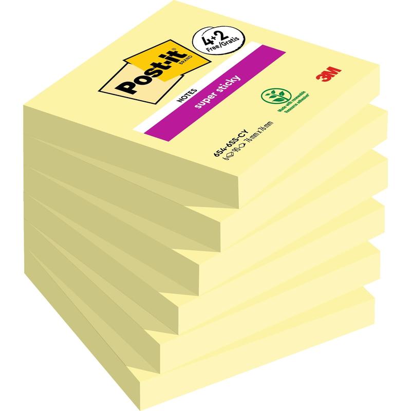 Post-it® Super Sticky Notes, Gul, 76 mm x 76 mm, Kampanj, 90 ark/dyna, 4 pads + 2 gratis/pack, 100 % PEFC, SGSCH-PEFC-COC-110078 | Förpackning (6 stycken)