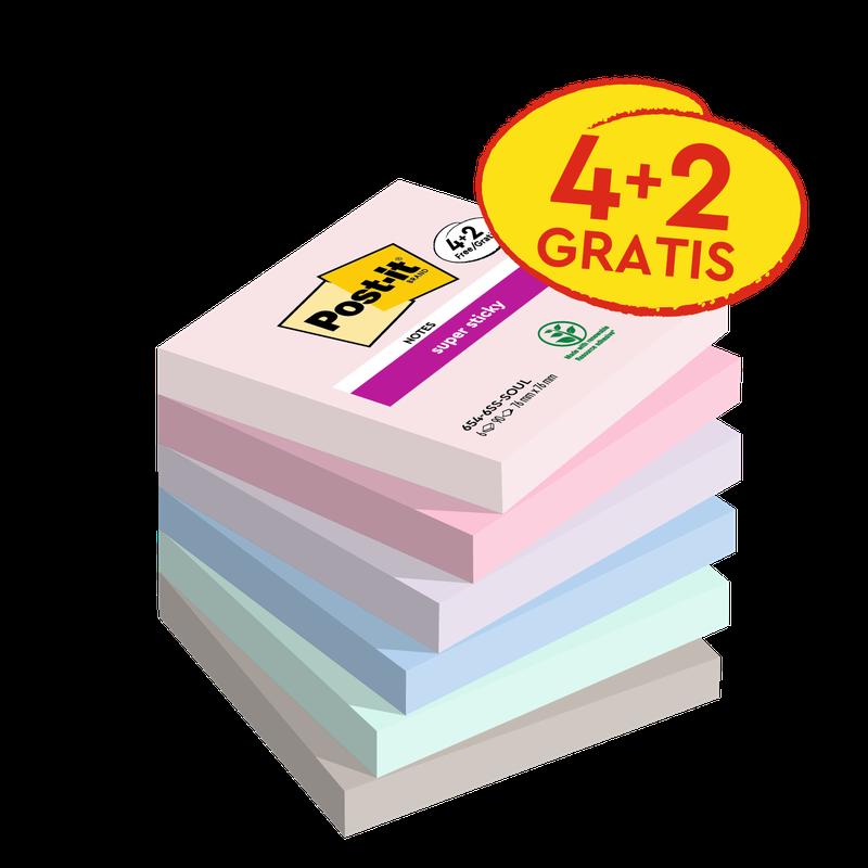 Post-it® Super Sticky Notes, Soulful Collection, 76 mm x 76 mm, Promotion, 90 ark/dyna, 4 block + 2 gratis/pack, 100 % PEFC, SGSCH-PEFC-COC-110078 | Förpackning (6 stycken)