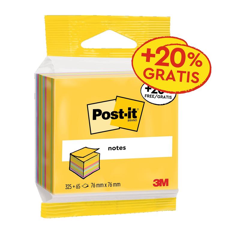 Post-it® Notes Cubes, Ultra Colors, 76 mm x 76 mm, 20 % gratis kampanj, 390 ark/dyna, 1 pad/pack, 100 % PEFC, SGSCH-PEFC-COC-110078 | Förpackning (1 set)
