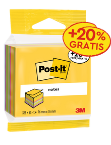 Post-it® Notes Cubes, Ultra Colors, 76 mm x 76 mm, 20 % gratis kampanj, 390 ark/dyna, 1 pad/pack, 100 % PEFC, SGSCH-PEFC-COC-110078 | Förpackning (1 set)