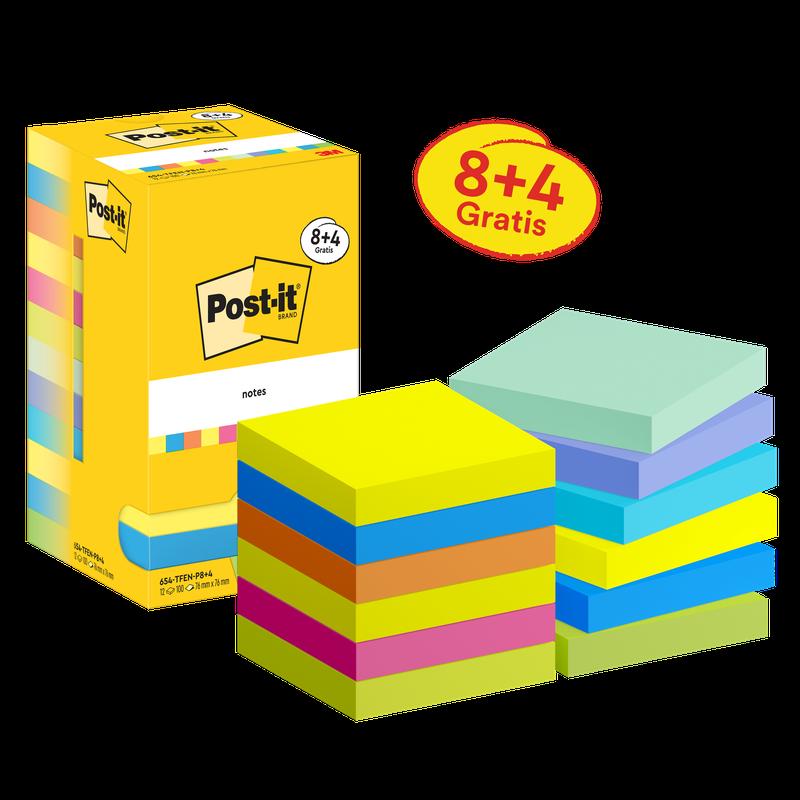 Post-it®-lappar, Energetic Collection, 76 mm x 76 mm, Kampanj, 90 ark/dyna, 8 block + 4 gratis/pack, kartongförpackning, 100 % PEFC, SGSCH-PEFC-COC-110078 | Förpackning (12 stycken)