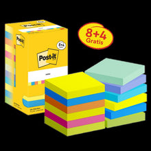 Post-it®-lappar, Energetic Collection, 76 mm x 76 mm, Kampanj, 90 ark/dyna, 8 block + 4 gratis/pack, kartongförpackning, 100 % PEFC, SGSCH-PEFC-COC-110078 | Förpackning (12 stycken)