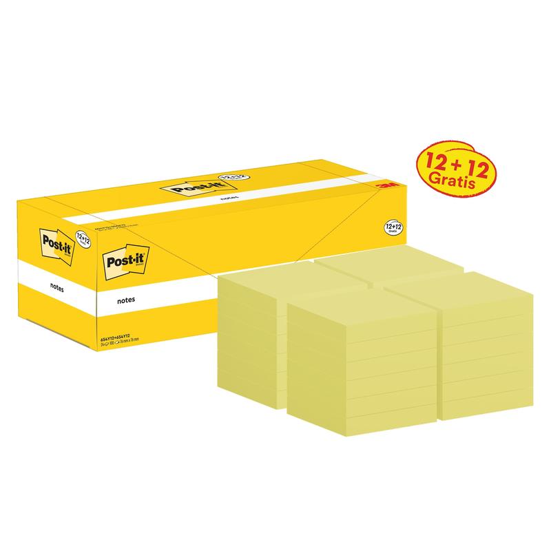 Post-it®-lappar, gula, 76 mm x 76 mm, kampanj, 100 ark/dyna, 12 block + 12 gratis/pack, kartongförpackning, 100 % PEFC, SGSCH-PEFC-COC-110078 | Förpackning (24 stycken)