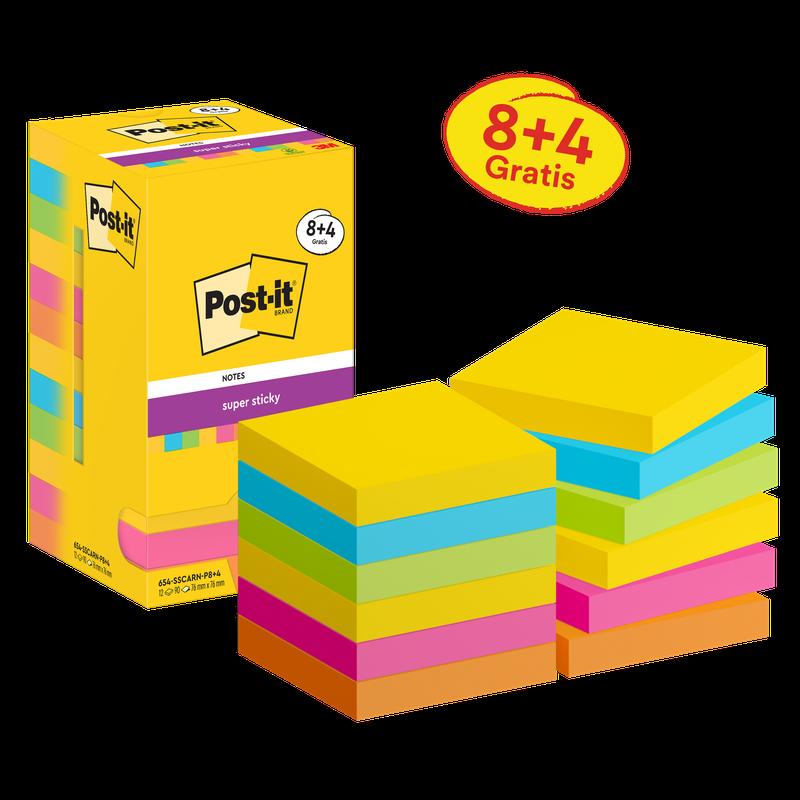 Post-it® Super Sticky Notes, Carnival Collection, 76 mm x 76 mm, Kampanj, 90 ark/dyna, 8 pads + 4 gratis/pack, kartongförpackning, 100 % PEFC, SGSCH-PEFC-COC-110078 | Förpackning (12 stycken)