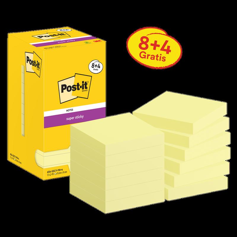Post-it® Super Sticky Notes, Gul, 76 mm x 76 mm, Kampanj, 90 ark/dyna, 8 pads + 4 gratis/pack, kartongförpackning, 100 % PEFC, SGSCH-PEFC-COC-110078 | Förpackning (12 stycken)