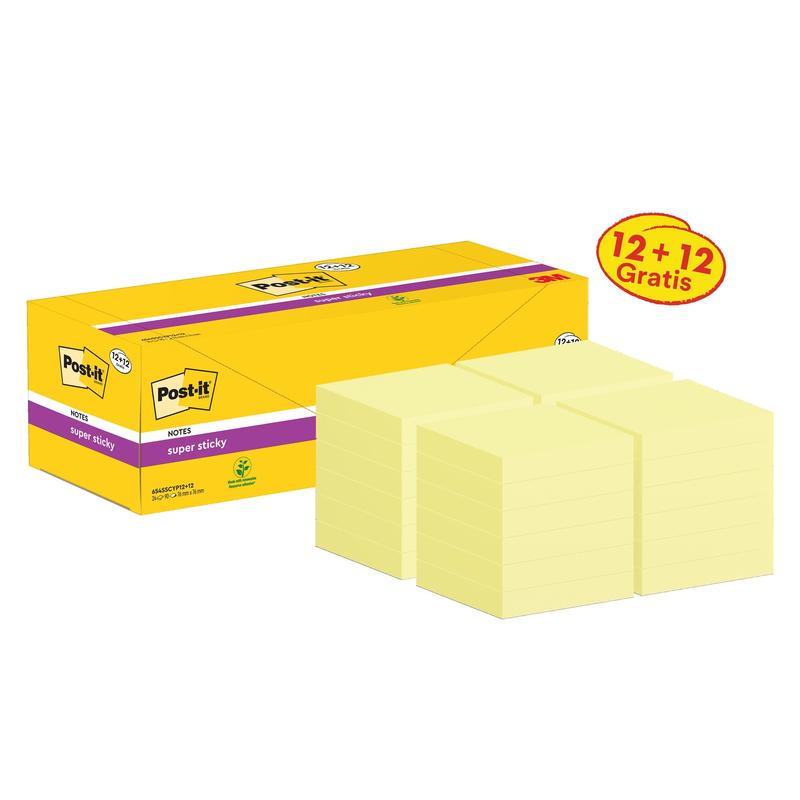 Post-it® Super Sticky Notes, Gul, 76 mm x 76 mm, Kampanj, 90 ark/dyna, 12 pads + 12 gratis/pack, kartongförpackning, 100 % PEFC, SGSCH-PEFC-COC-110078 | Förpackning (24 stycken)