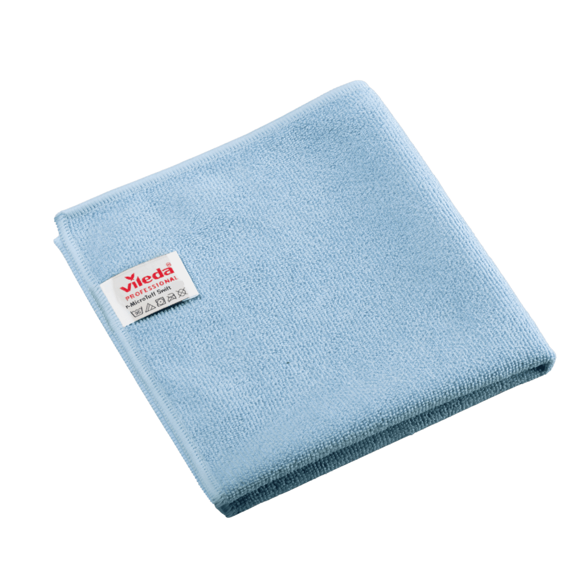 Vikt blå Vileda Professional r-MicroTuff Swift-mikrofiberduk med insydd vit etikett som visar varumärket och skötselsymboler.