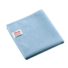 Gefaltetes blaues Vileda Professional r-MicroTuff Swift Microfasertuch mit eingenähtem weißem Etikett, das Markenname und Pflegesymbole trägt.