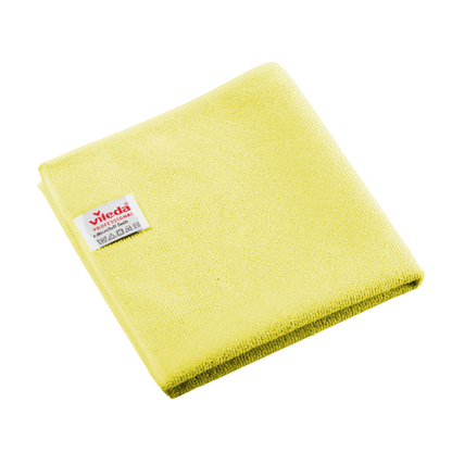 Vikt gul Vileda Professional r-MicroTuff Swift-mikrofiberduk med insydd vit etikett.
