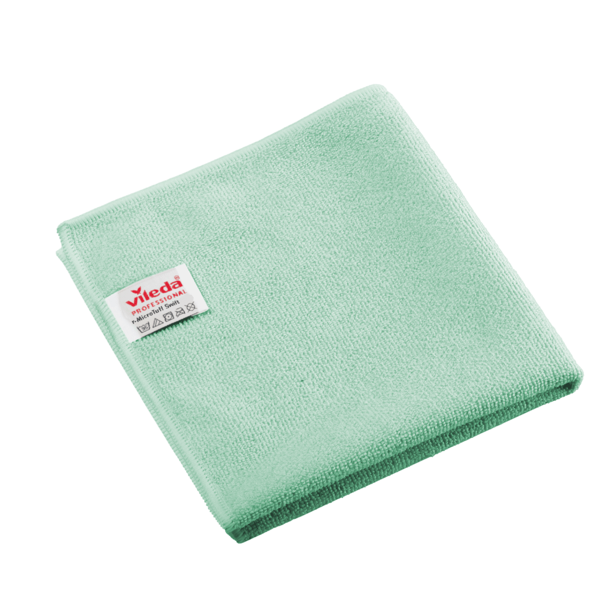 Vikt grönt Vileda Professional r-MicroTuff Swift-mikrofiberduks med insydd vit etikett.