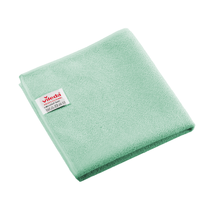 Vikt grönt Vileda Professional r-MicroTuff Swift-mikrofiberduks med insydd vit etikett.