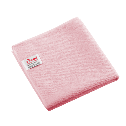 Vikt röd Vileda Professional r-MicroTuff Swift-mikrofiberduk med insydd vit etikett.