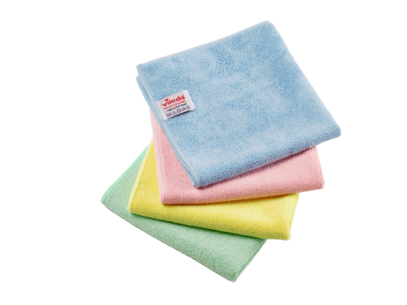 Fyra staplade Vileda Professional r-MicroTuff Swift-mikrofiberdukar i blått, rött, gult och grönt.
