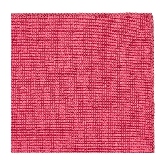 Rotes, quadratisches Reinigungstuch mit feiner Gitterstruktur und gleichmäßiger Oberfläche auf hellem Hintergrund.