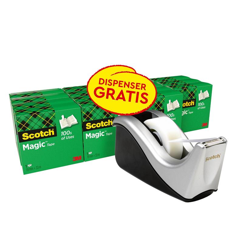 Scotch® Magic™ osynlig tejp, 16 rullar, 19 mm x 33 m + bordsdispenser | Förpackning (16 rullar)