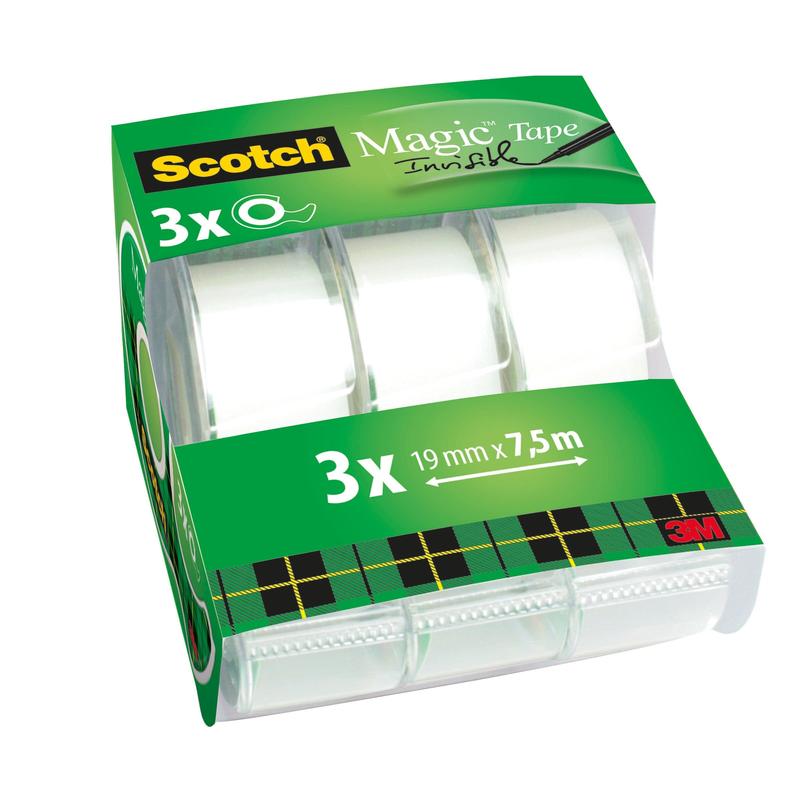 Scotch® Magic™ Invisible Tape 3 rullar 19 mm x 7,5 m med handdispenser | Förpackning (3 rullar)