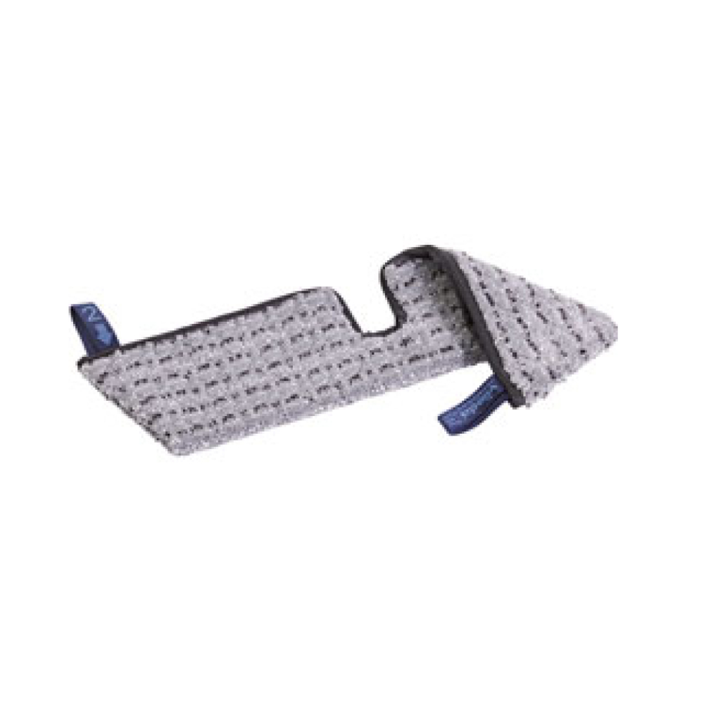 Vileda Professional Swep Duo r-MicroPlus Mop - 50 cm från Vileda GmbH är en triangulär grå dyna med strukturerad yta och svart kant, idealisk för golvrengöring, med små blå flikar i två hörn, tillverkad av återvunnen plast.