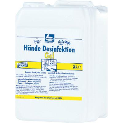 En vit 5-liters behållare med texten „Dr. Becher Handdesinfektionsgel“ är försedd med tysk text och certifieringslogotyper. Detta hudvänliga gel från Dr. Becher GmbH används för hygienisk handrengöring och visar användnings- och tillverkningsdetaljer väl synliga.