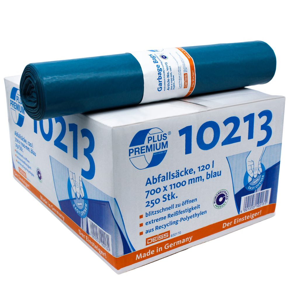 I en kartong märkt „DEISS Premium Plus® Typ-60 sopkassar 10213“ med tysk specifikation finns klimatneutrala blå sopkassar gjorda av återvinningsmaterial. Ovanpå finns en bild av en rulle med påsar. Påsarna har en kapacitet på 120 liter, och det finns 250 stycken i kartongen. Tillverkad av EMIL DEISS KG (GmbH + Co.) i Tyskland.