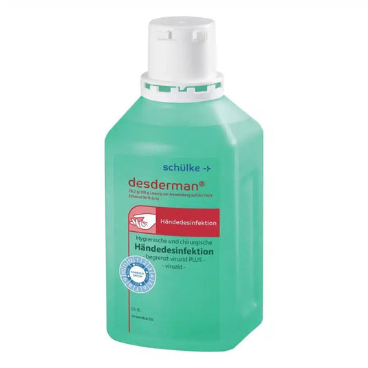 En flaska Schülke desderman® handdesinfektionsmedel. Flaskan är ljusgrön med vit kork och etiketterna innehåller användningsanvisningar och logotyper. (Varumärke: Schülke & Mayr GmbH)